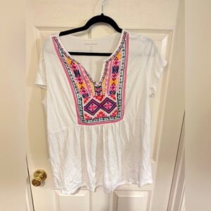 Woman Within White and Pink Graphic Short Sleeve Blouse